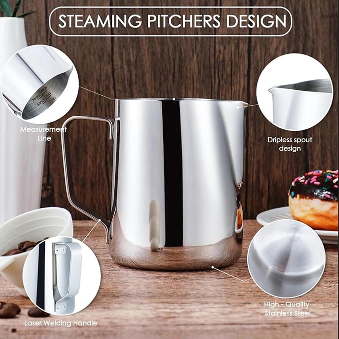 Milk Frothing Pitcher with BONUS Latte Art Pen, 12oz Milk Frother Cup with Clear Scale 304 Stainless Steel Cappuccino Espresso Machine Accessories for Barista Coffee Bar.