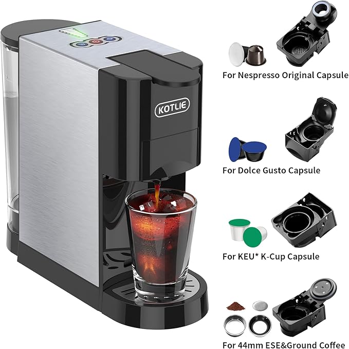 KOTLIE 19Bar Pressure Single Serve Coffee Maker, Multifunctional 5in1 Coffee Machine for NES* Original/Dolce Gusto/K cup/Ground Coffee/illy 44mm ESE, Cold&Hot Brew, Level 7 watervolume (AC-513HF)