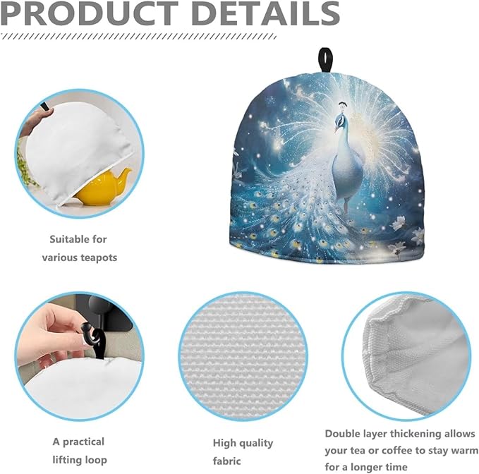 Peacock Print Tea Pot Cozy for Teapots Tea Cover Resist Heat Tea Pot Dust Cover Insulated Kettle Cover for Home Kitchen Decorative Accessories