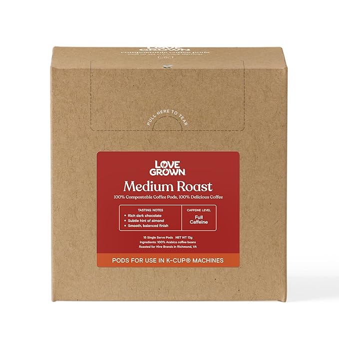 Love Grown Compostable Coffee Pods - Compatible with Single-Serve Brewing Machines - 100% Arabica Beans, Plastic-Free, Gluten-Free, Non-GMO - Medium Roast, Box of 15