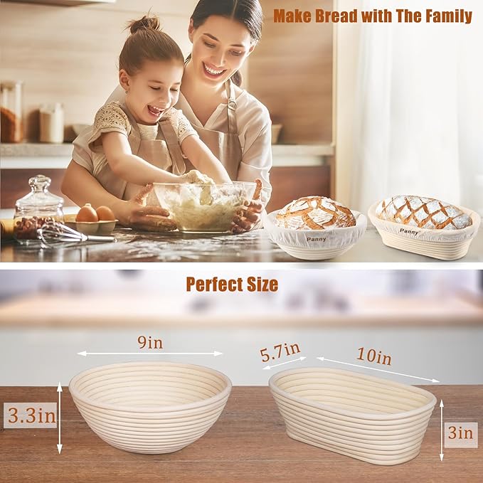 Panny Banneton Basket, Banneton Bread Proofing Basket with Liners, 9" Round & 10" Oval Sourdough Starter Kit, Sourdough Bread Baking Supplies, Bread Making Tools, Natural Rattan Proofing Bowls Baskets