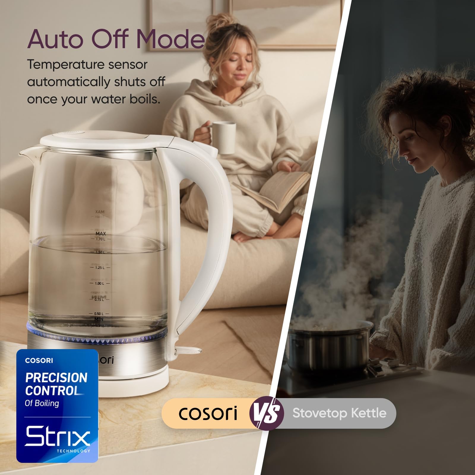 Cosori Electric Kettle, No Plastic Contact with Water, 1.7L, White