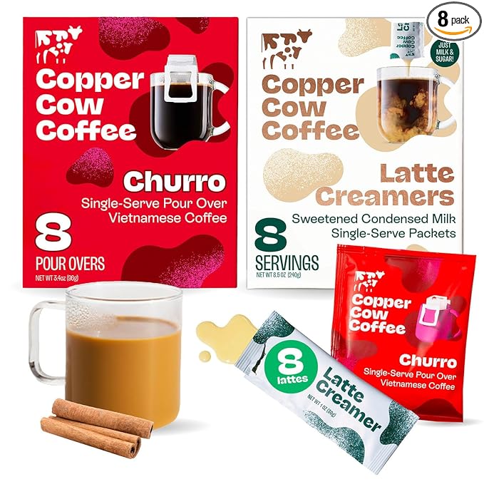 Copper Cow Coffee Pour Over Vietnamese Ground Coffee Pouches + Sweetened Condensed Milk Creamers (8 Coffees & 8 Milk Creamers) | Churro Lattes, No Refrigeration Needed