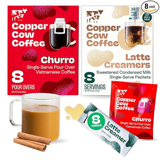 Copper Cow Coffee Pour Over Vietnamese Ground Coffee Pouches + Sweetened Condensed Milk Creamers (8 Coffees & 8 Milk Creamers) | Churro Lattes, No Refrigeration Needed
