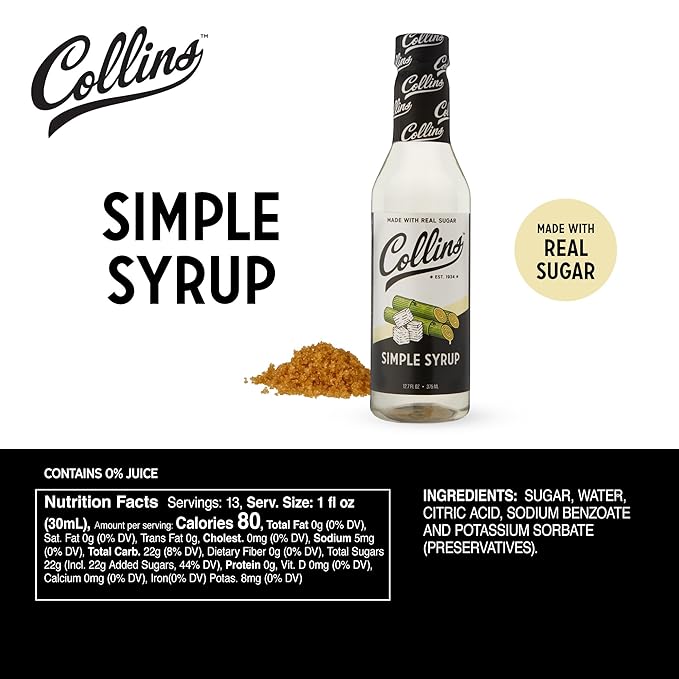 Collins Simple Syrup, Classic Simple Syrup, Soda Water Flavors for cocktails, Old Fashioned Syrup, 12.7 Ounces, Set of 1