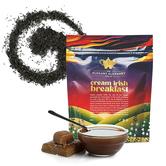 Cream Irish Breakfast Tea, Loose Leaf Black Tea ??Irish Classic with Caramel & Strong Assam ??Robust, Full-Bodied ??Drink Hot or Iced ??4 oz Resealable Bag (Makes 50 Cups) ??The Elegant Elephant