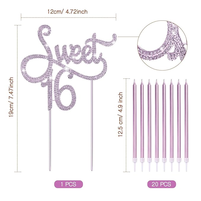 Tondiamo Sweet 16 Birthday Decorations Rhinestone Sweet 16 Cake Toppers 20 Pcs Metallic Happy Birthday Candles 16 Cake Decorations for Cupcake Decor(Purple)