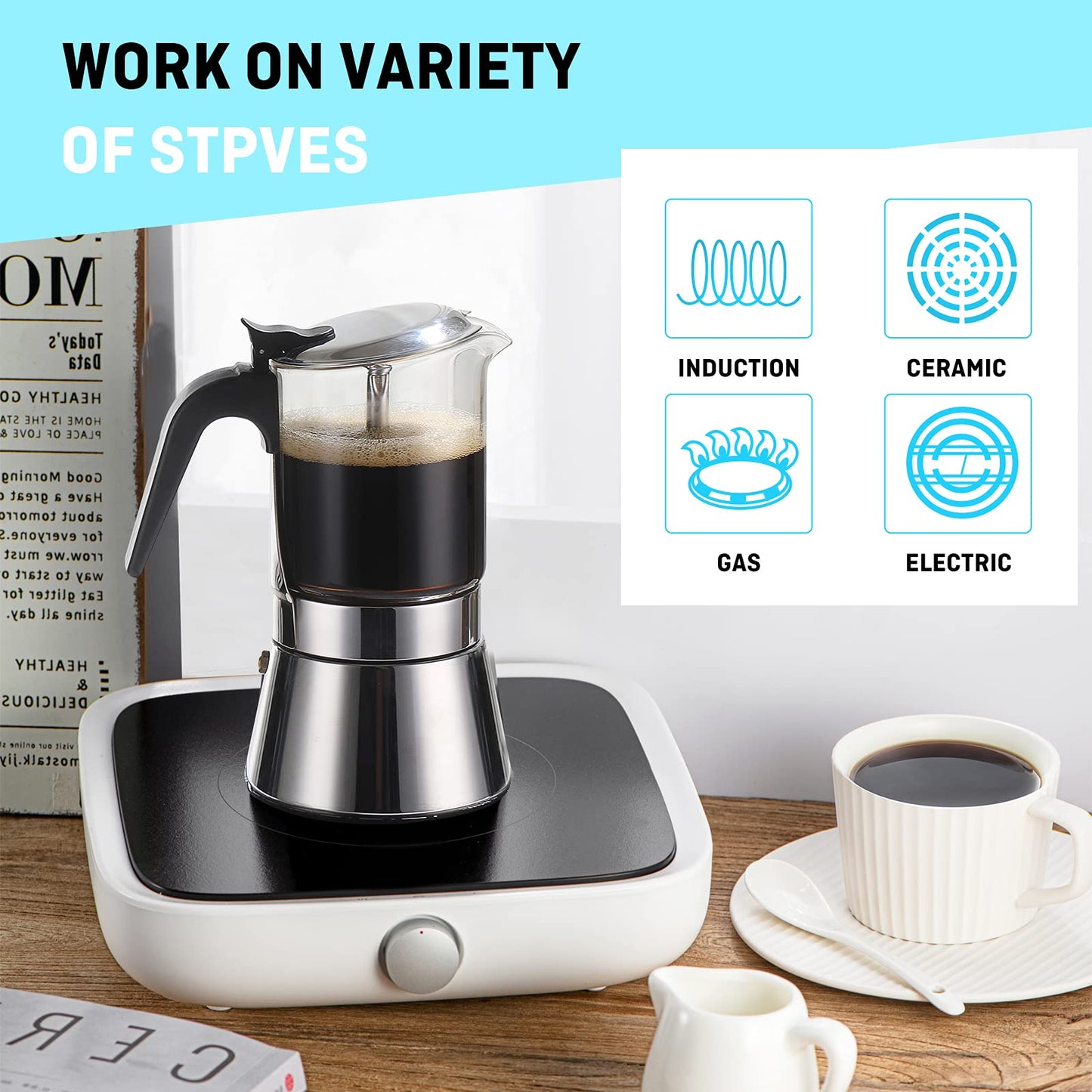 SIXAQUAE Moka Induction Stovetop Espresso Maker,Crystal Glass-top & Stainless Steel Espresso Moka
