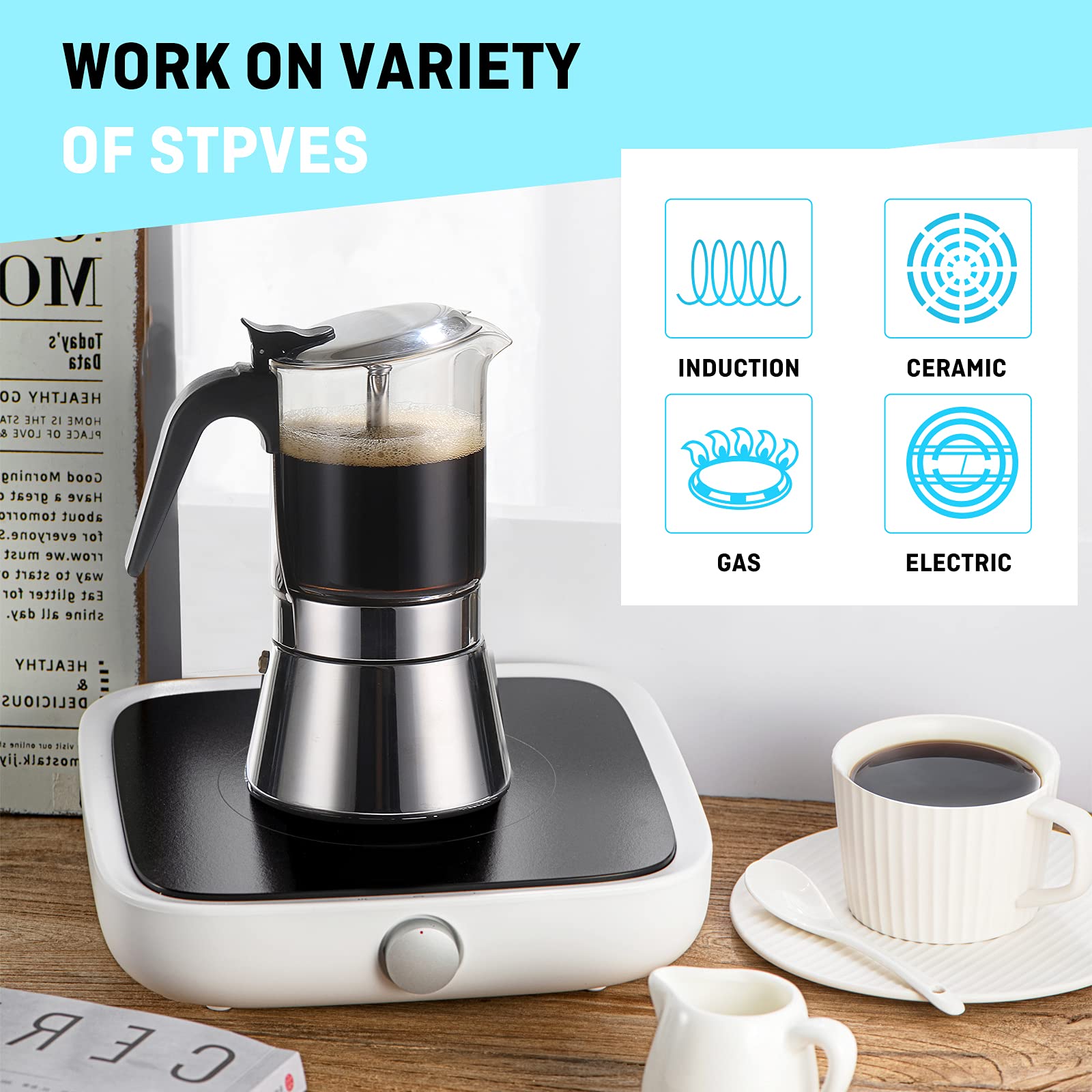 SIXAQUAE Moka Induction Stovetop Espresso Maker,Crystal Glass-top & Stainless Steel Espresso Moka