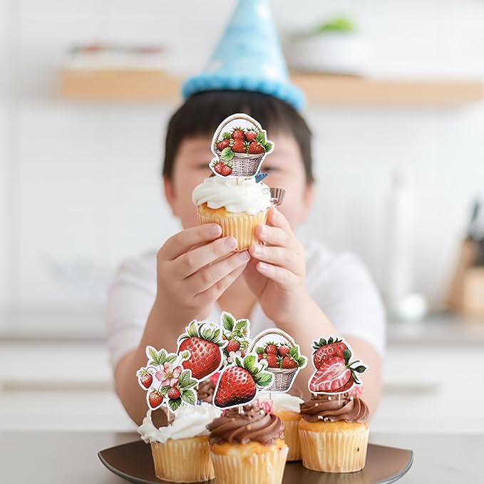 36 Pack Strawberry Cupcake Toppers Red Pink Strawberry Birthday Cupcake Picks Berry Strawberry Cupcake Decoration for Fruit Theme Baby Shower Kids Boys Girls Birthday Party Supplies