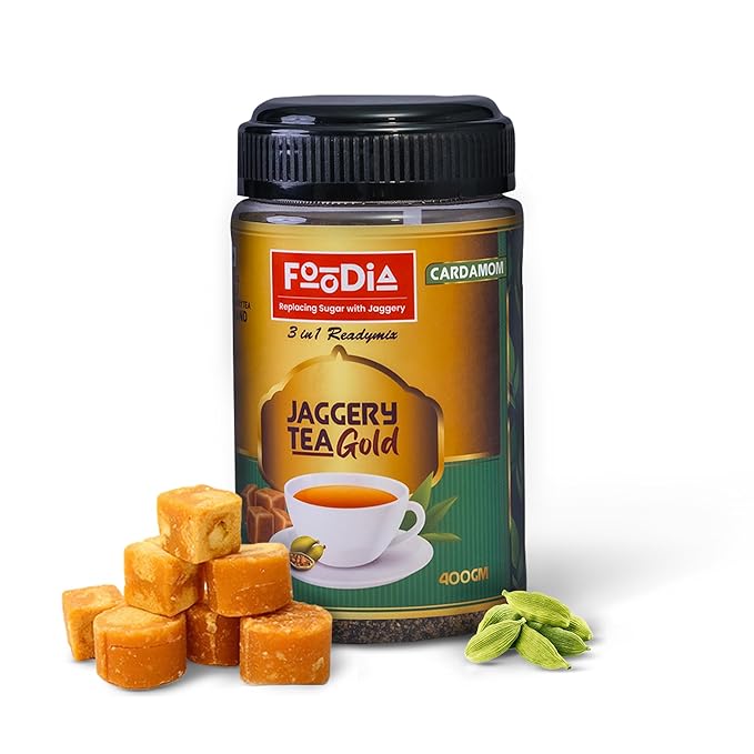 FOODIA Jaggery Cardamom Tea Gold | Readymix Tea Powder with Jaggery Powder & Premium Cardamom | 14.11oz |