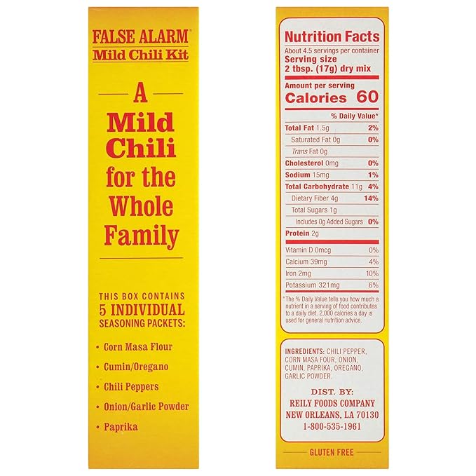 Wick Fowler's False Alarm Mild Chili Kit, Texas Style Chili Seasoning Mix with Individual Packs of Spices, 2.8oz Box (Pack of 1)