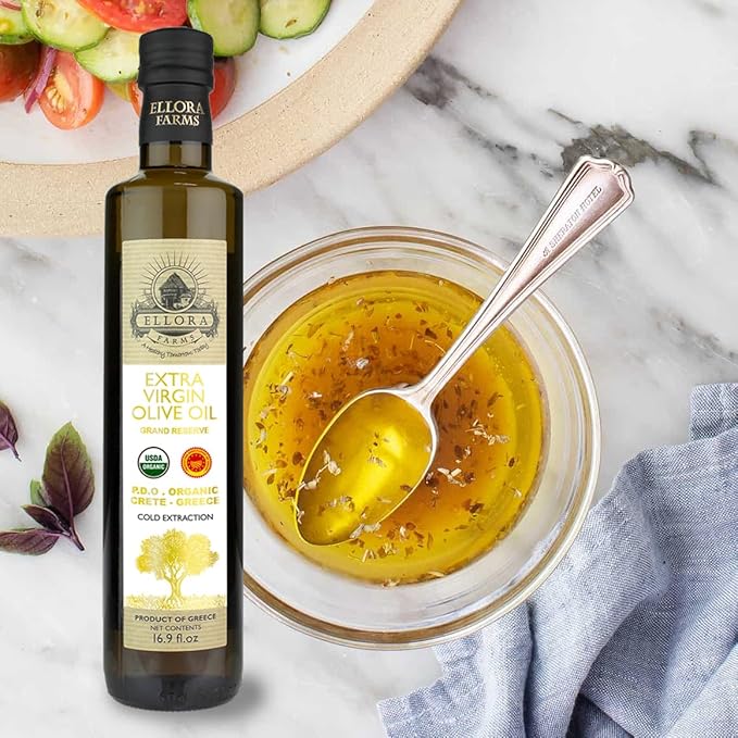 Ellora Farms, Organic Greek Extra Virgin Olive Oil, Single Estate PDO Messara, High Polyphenol, Traceable, Kosher, Glass Bottle in gift box, 17 FL oz