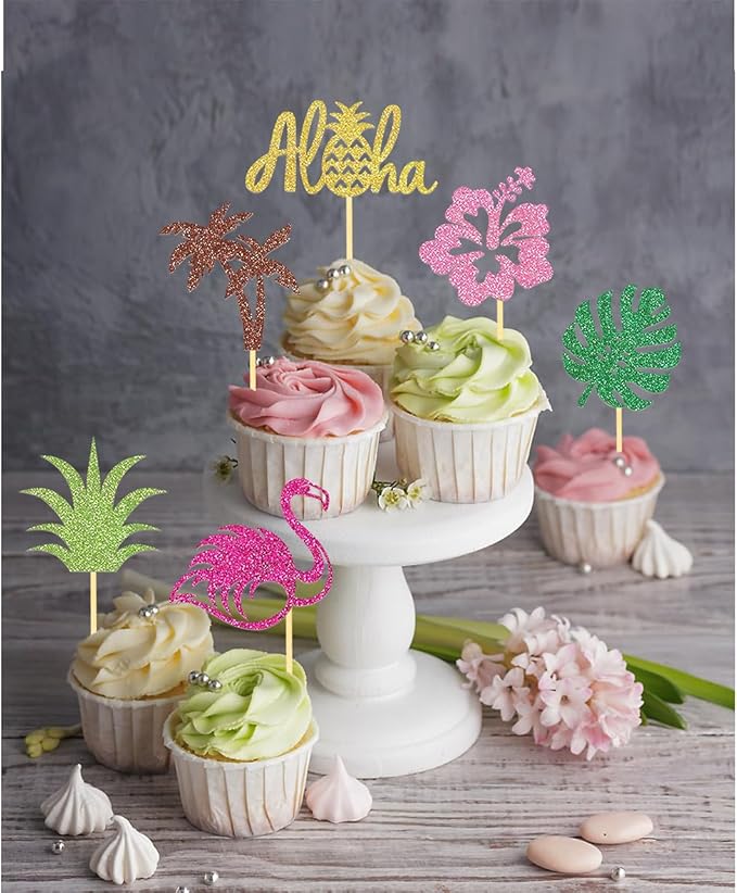 24Pcs Tropical Cupcake Toppers, Luau Cake Topper Aloha Cupcake Picks Pineapple Flamingo Cupcake Decorations for Hawaiian Luau Theme Baby Shower Birthday Party Supplies (Aloha A)