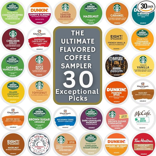 30 Flavored K-Cups: Unique & Exciting Variety Pack Collection" Dunkin, Green Mountain, Gloria Jean's And More (30 Unique Pods)