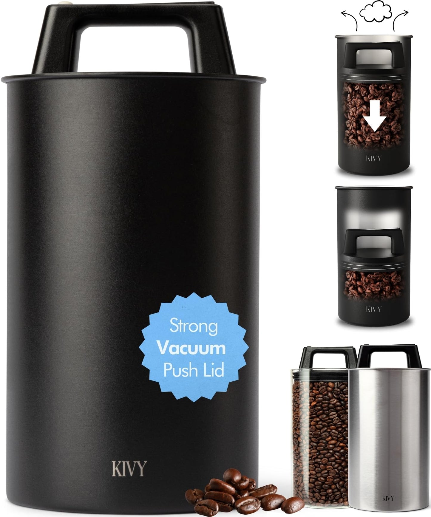 KIVY Vacuum Coffee Canister - Push Lid Preserves Coffee Aroma & Oil