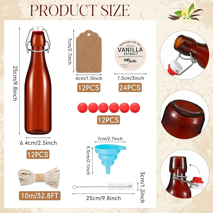 Vesici 12 Sets Swing Top Glass Bottles Set Amber Homemade Vanilla Extract Bottles with Stoppers Stickers Caps Jar Brush Funnel Rope Labels Vanilla Extract Jars for Holiday DIY Crafts (12 oz)