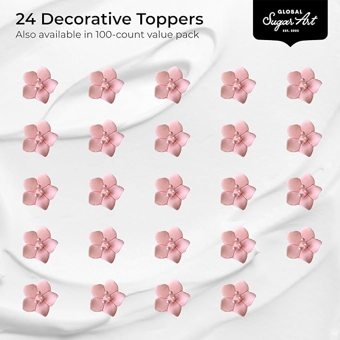 Global Sugar Art Blossom Sugar Cake Flowers with Pearl Stamens, Pink Unwired, 24 Count by Chef Alan Tetreault