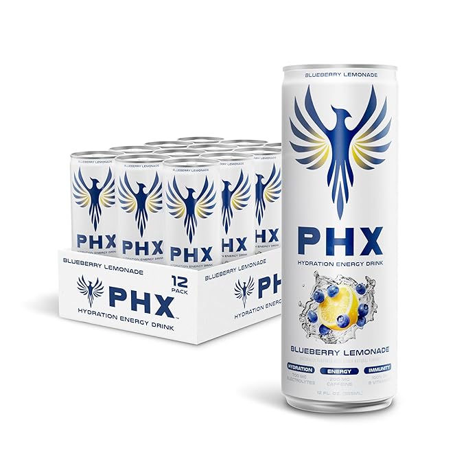 PHX Hydration Energy Drink - 700mg Electrolytes, 200mg Natural Green Tea Caffeine, 100% Daily Value 8 Essential Vitamins - 12 oz Cans (12 Pack) (12 Pack, Blueberry Lemonade)