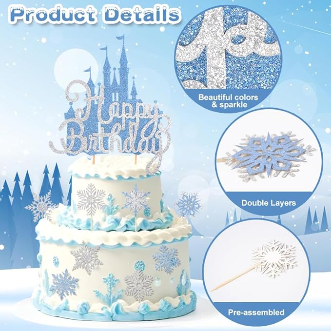 24 Pcs Silver Blue Ice Cupcake Toppers Glitter Snowflake Cupcake Toppers Winter Wonderland Cake Decorations for Princess Happy Birthday Baby Shower Party Supplies