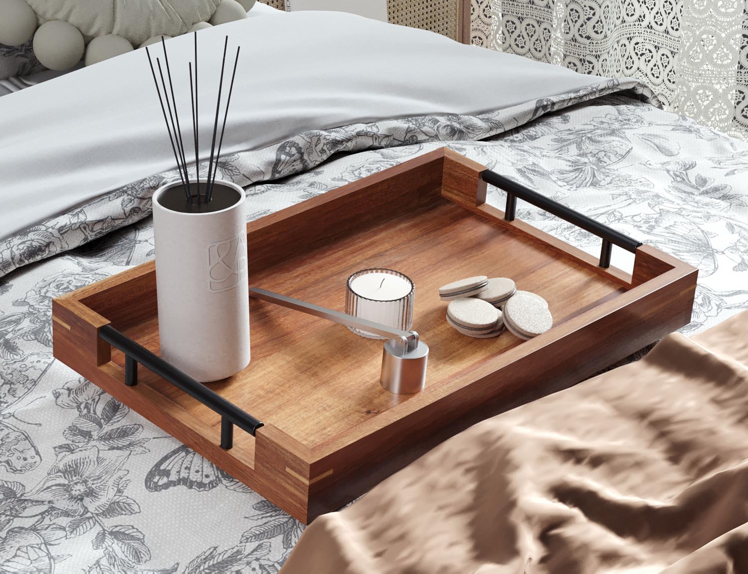 Fibogollo Acacia Wood Serving Tray with Metal Handles,15x10in Ottoman Decorative Trays Platter for