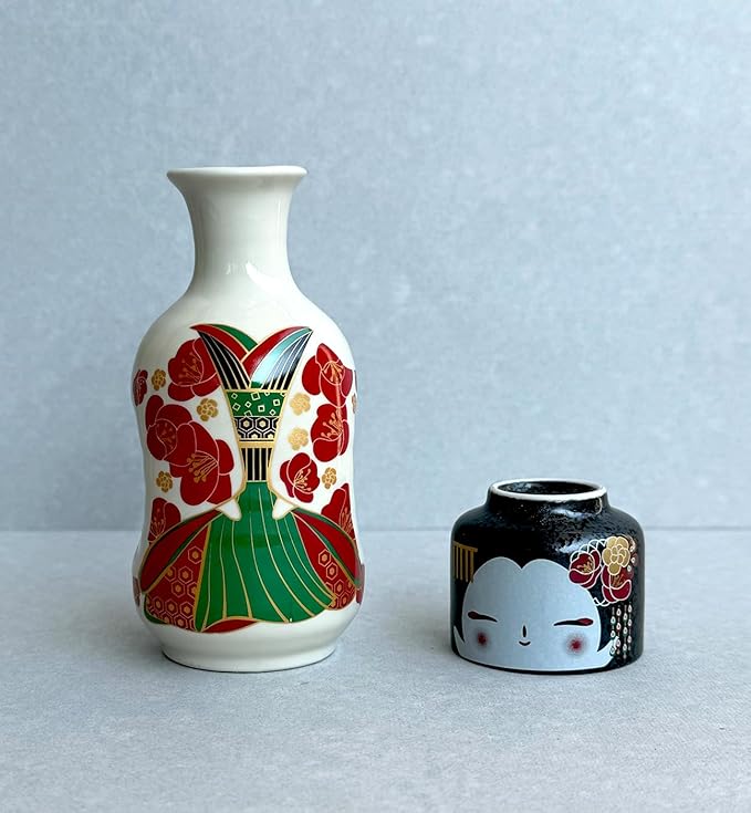 Japanese Traditional Kokeshi Design Sake Wine Soju Ceramic Set with 1 Ochoko Cup and 1 Tokkuri Bottle Gifts (Kokeshi Ume Maiko)