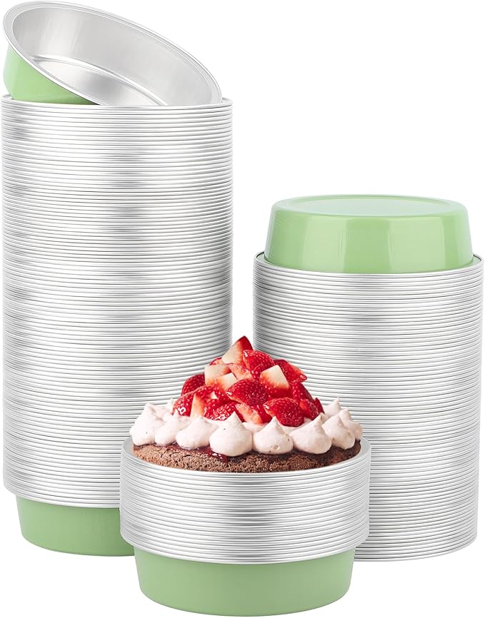 Beasea Disposable Aluminum Ramekins, 200 Pack 4 Inch 7.3oz 215ml Disposable Baking Foil Cups No Lids Mini Ramekin Cup Cupcake Aluminum Baking Cups for Party - Pea Green