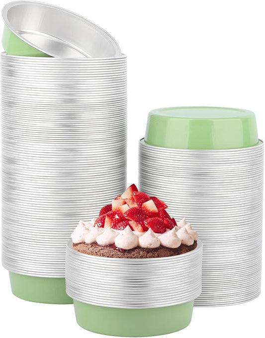 Beasea Disposable Aluminum Ramekins, 200 Pack 4 Inch 7.3oz 215ml Disposable Baking Foil Cups No Lids Mini Ramekin Cup Cupcake Aluminum Baking Cups for Party - Pea Green