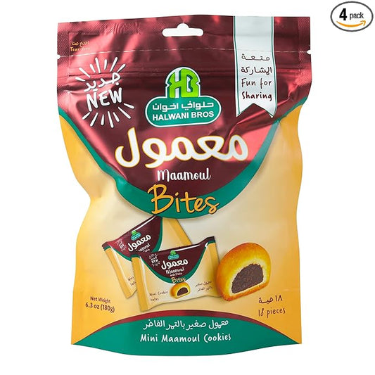 HB Halwani Bros Cookies, 100% All Natural Assorted Mini Mamoul Date Filled Shortbread Biscuits, Slightly Sweet Individually Wrapped Cookies, No Additives, 6.3 oz (Pack of 4)