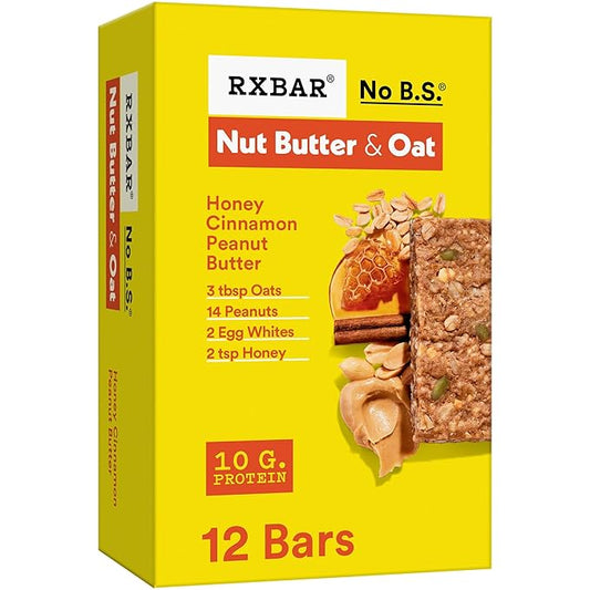RXBAR Nut Butter and Oat Protein Bars, Protein Snacks, Snack Bars, Honey Cinnamon Peanut Butter, 23.2oz Box (12 Bars)