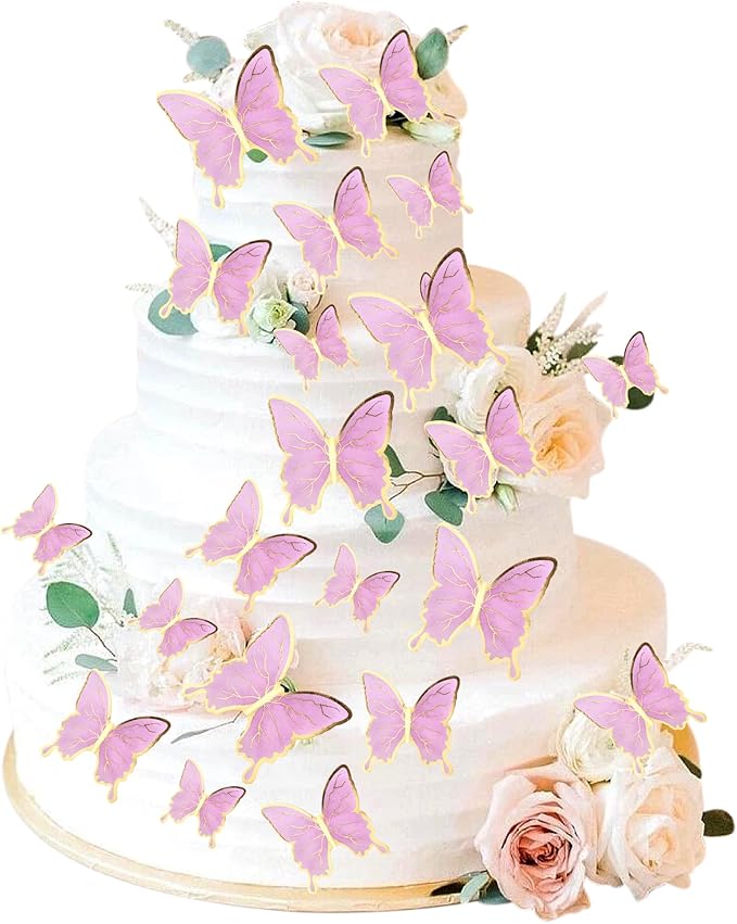 30PCS Butterfly Cake Toppers 3D Purple Gold Butterfly Cupcake Toppers Birthday Party Cake Decorations Supplies for Anniversary Wedding Party Baby Shower Wall Decor