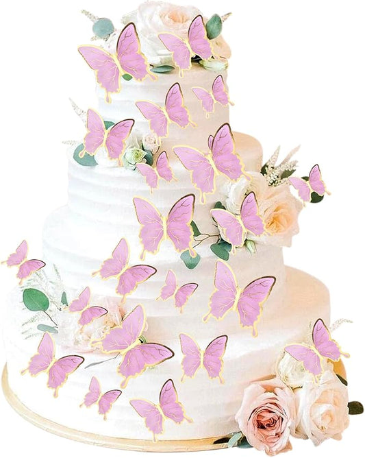 30PCS Butterfly Cake Toppers 3D Purple Gold Butterfly Cupcake Toppers Birthday Party Cake Decorations Supplies for Anniversary Wedding Party Baby Shower Wall Decor
