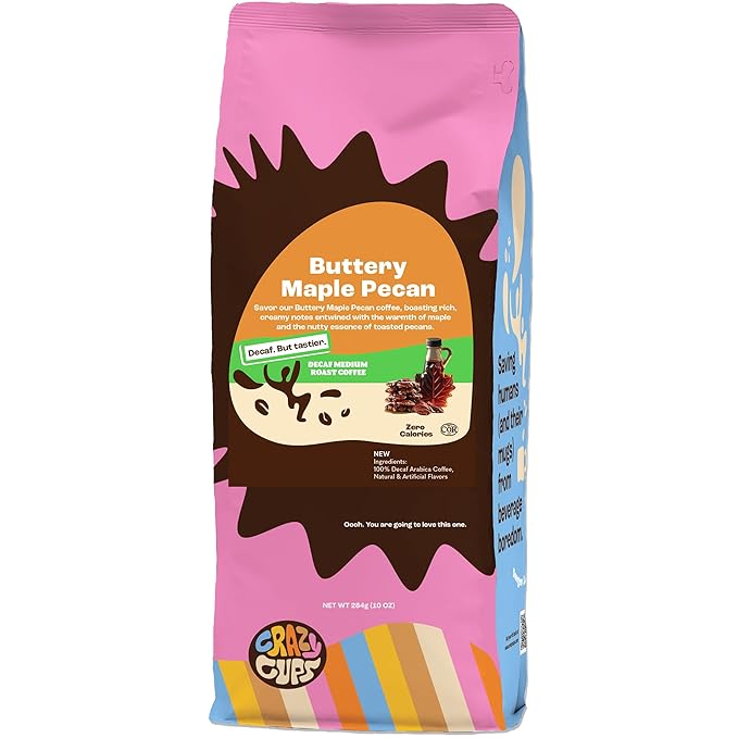 Crazy Cups Decaf Flavored Ground Coffee, Decaffeinated Buttery Maple Pecan Coffee, For Brewing Flavored Hot or Iced Decaf Pecan Coffee, 10oz