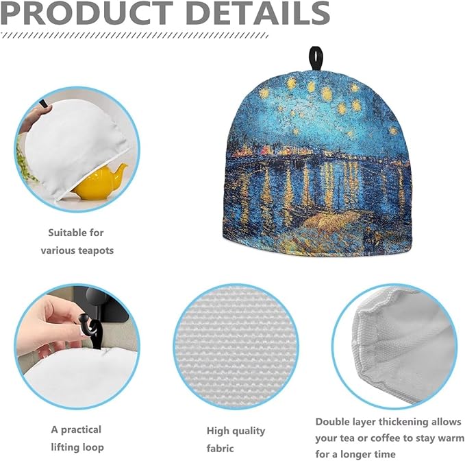 Night Oil Paint Tea Cozy for Teapot Kitchen Kettle Dust Cover Teapot Cover with Handle Dust Cover Teapot Cozy Tea Cosy for Keeping Warm Can Hung and Folded 竊뉰lue竊?"<div>