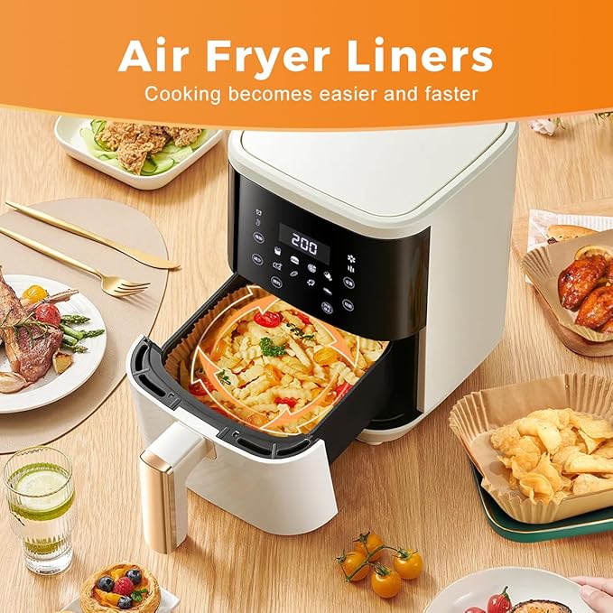 Air Fryer Paper Liners, 200pcs Air Fryer Liners Disposable, 6.3" Square Baking Liner for 2-4 qt Airfryer Basket, Non-stick and Oil Proof Parchment Paper for Oven, Pans & Baking