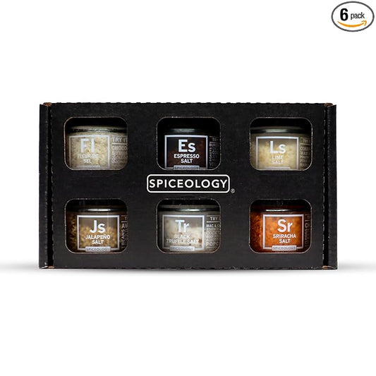 Spiceology - Gourmet Luxe Infused Salt Sampler Gift Set - Set of 6 - Flavors Include: Fleur de Sel, Espresso, Lime, Jalapeno, Black Truffle, Sriracha