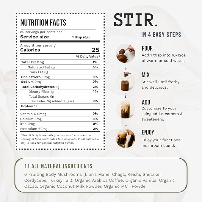STIR Premium Instant Mushroom Coffee | Lion?™s Mane, Chaga, Reishi, Cordyceps, Shiitake, Turkey Tail | Organic Cacao, Vanilla, Coconut MCTs | Focus, Energy, Digestion Support | 30 Servings