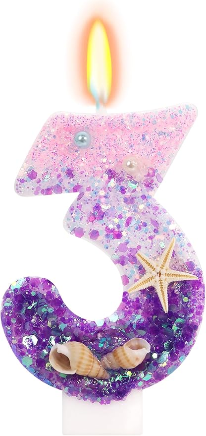 Purple Mermaid Party Number 3 Cake Candles, 2.76 inch Birthday Candle, Cake Topper Decoration for Birthday Party (Number 3)