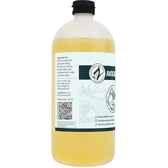 Zatural 100% Avocado Oil Pure Natural without Additives, Clean, Cold Pressed, Non-GMO, Vegan: For Cooking, Frying, Baking and for Sauces, Dressings, Marinades, Salads (32 Ounce)