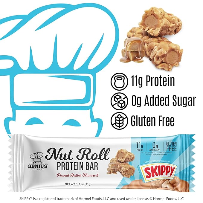 Genius Gourmet SKIPPY Peanut Butter Flavor Inspired Protein Nut Roll Bar,11g Protein per serving(18% DV), 0g Added Sugar, Carb Conscious Snack Bar, Gluten Free ??10 Count