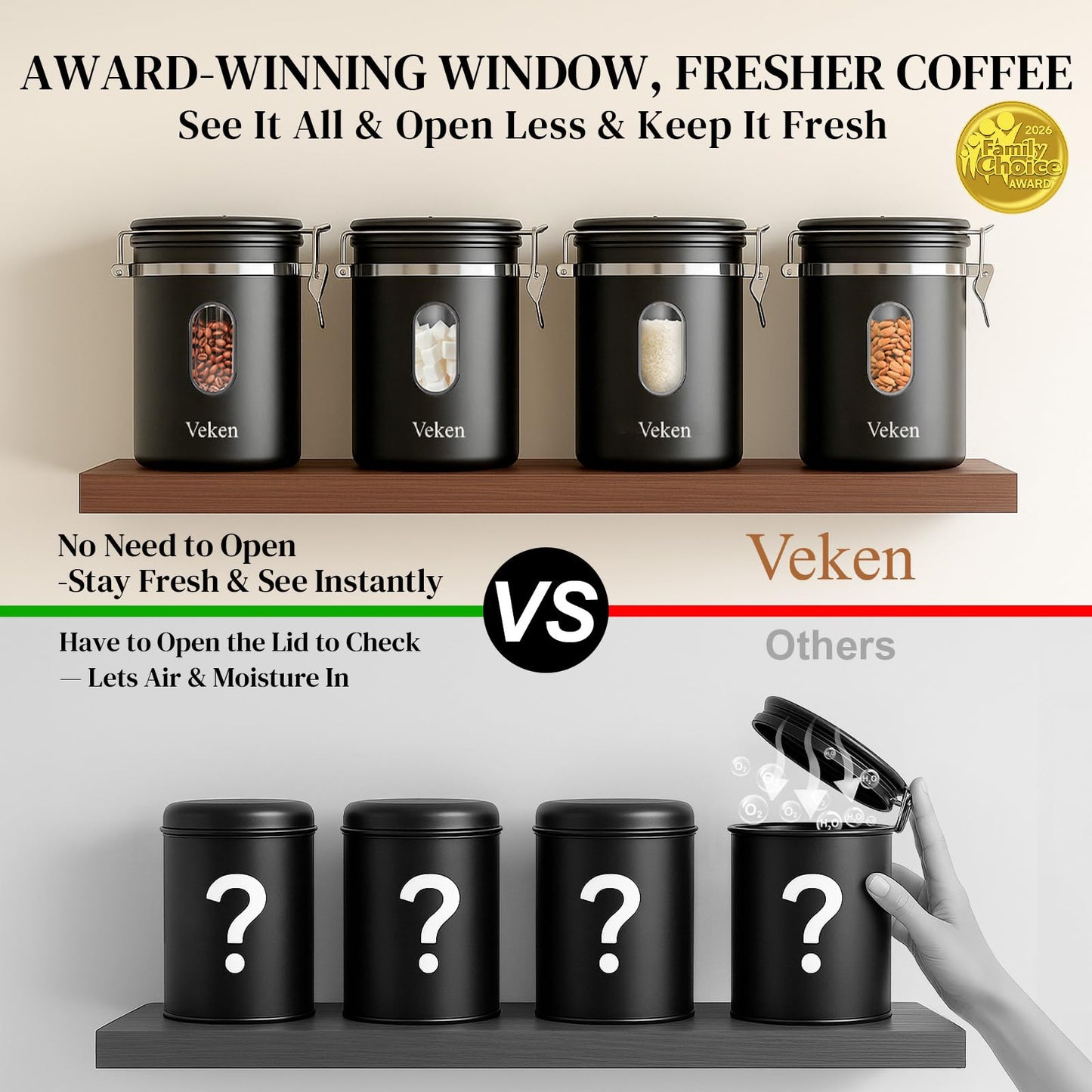 Veken Coffee Canister with Window, Airtight Stainless Steel Container, 22OZ