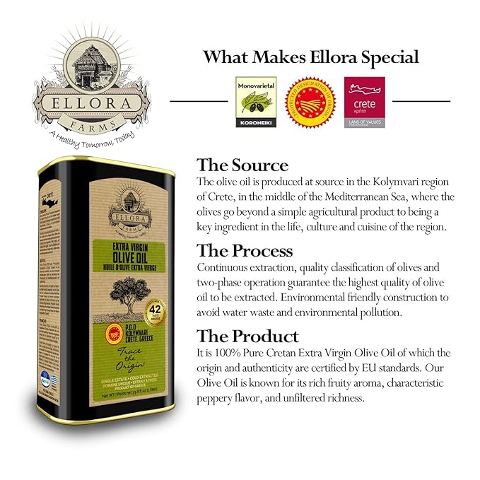 Ellora Farms, Single Estate PDO Greek Extra Virgin Olive Oil, Cold Pressed & Traceable Olive Oil, Kosher, 1 Lt Tin (33.8 oz.), Pack of 4