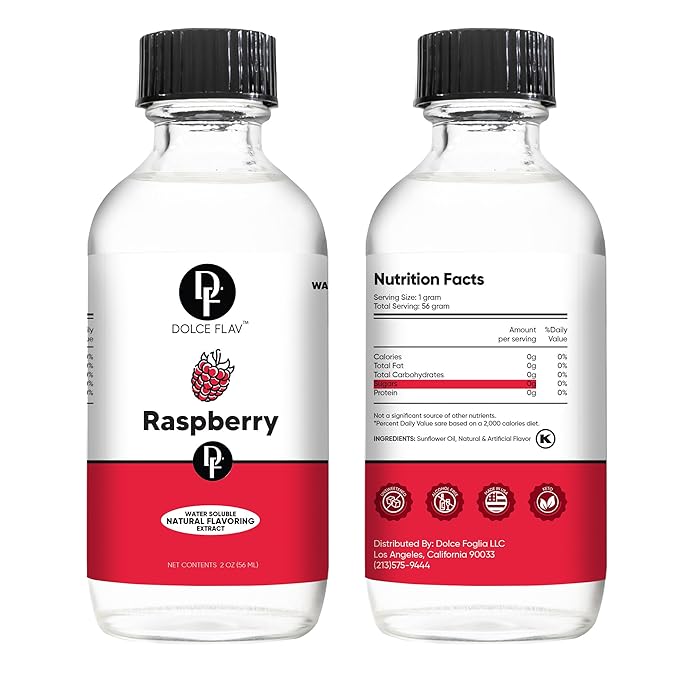 Dolce Flav Natural Raspberry Extract 2 oz ??Kosher, Sugar-Free, Concentrated Tart Raspberry Flavoring for Baking, Beverages & Desserts, Includes Measured Dropper