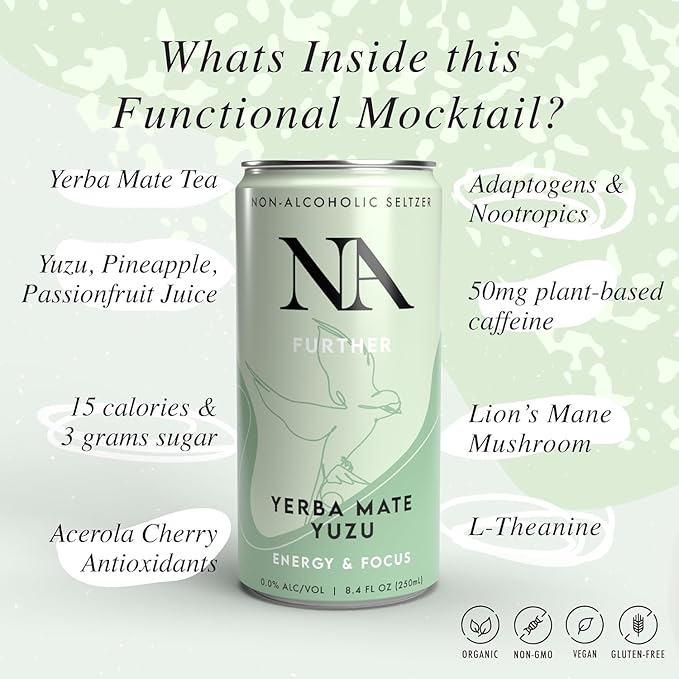 Non-Alcoholic Mocktails, Functional Beverage with Adaptogens & Mushrooms, Ashwaganda, Lion's Mane, Low Sugar, Low Calorie, Variety Pack, 8.4oz Cans (12 Pack)
