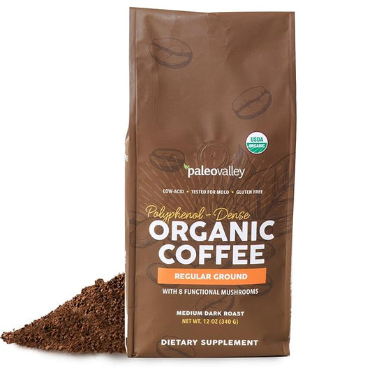 Paleovalley Organic Ground Coffee, 10 oz - Regular, Low Acid, Single-Origin, Polyphenol-Rich, Infused with Mushrooms & Coffee Fruit Extract
