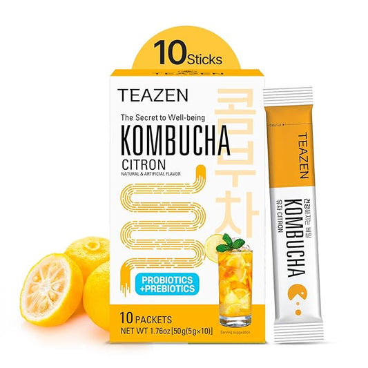 TEAZEN Citron Kombucha Tea, Hydration Drink Mix, Sugar Free, Live Probiotics & Prebiotics, 10