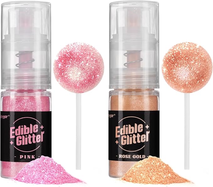 Sujoygar Edible Glitter Spray 2 Colors, Pink and Rose Gold Edible Glitter for Cocktails, Shimmer Powder Luster Dust Edible for Cake Drink Strawberrie Cupcake Cookies Wedding Baking Decoretion, Vegan(5g/Bottle)