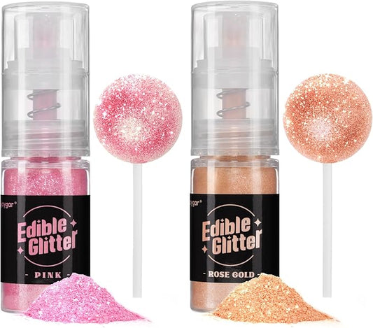Sujoygar Edible Glitter Spray 2 Colors, Pink and Rose Gold Edible Glitter for Cocktails, Shimmer Powder Luster Dust Edible for Cake Drink Strawberrie Cupcake Cookies Wedding Baking Decoretion, Vegan(5g/Bottle)