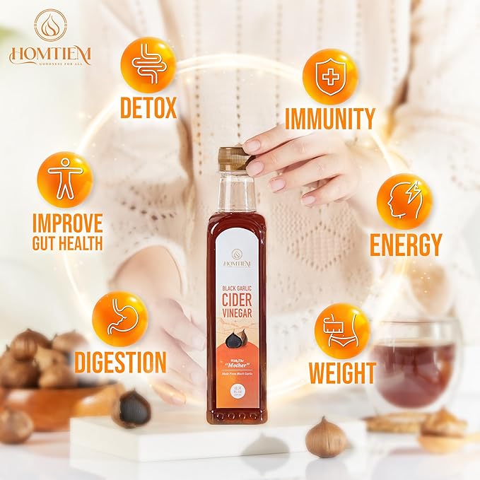 Homtiem Black Garlic Cider Vinegar– Naturally Fermented with “The Mother”, A Unique Alternative to Apple Cider Vinegar, Rich in Antioxidants, Supports Digestion & Detox, Gluten Free, Perfect for Salads & Drinks (350ml)
