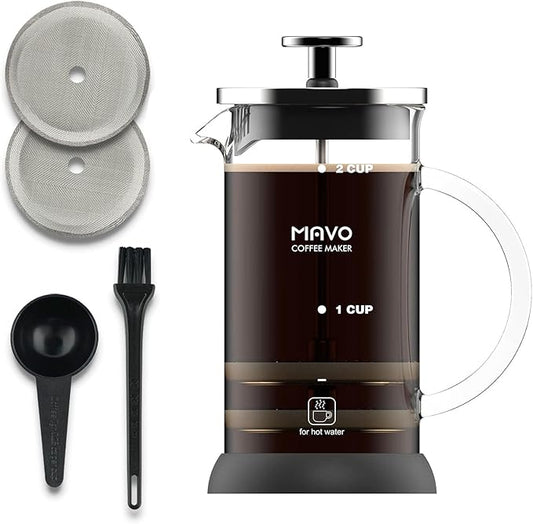 French Press Coffee Maker Stainless Steel Cold Brew Heat Resistant Glass Coffee & Tea Maker with 2 Filter (350ml/12oz)